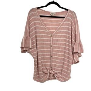 Fantastic Fawn Pink & White Striped Ruffled Sleeve Button Down Blouse Womens L